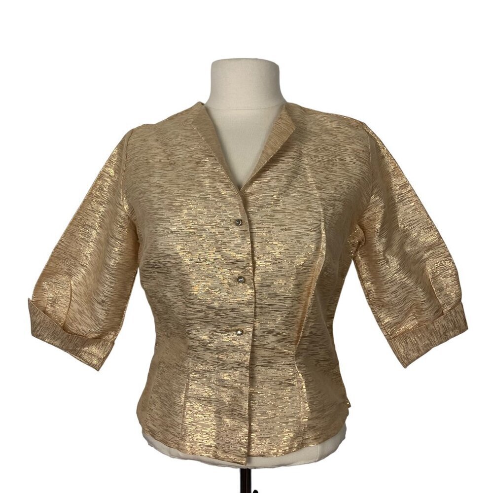 Vintage 60s Gold Lamé Jacket Womens Small Metallic 3/4 Sleeve Crystal Buttons